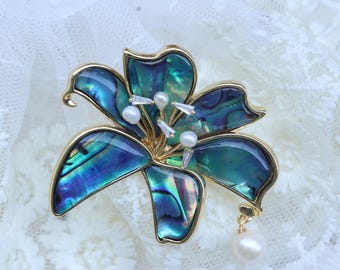 Artistic Gold Abalone Shell and Pearl Brooch, Lily Inspired Pin, Handmade Floral Jewelry Gift