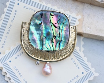 Large Abalone Shell Brooch with Freshwater Pearl, Gold Plated Art Deco Statement Pin, Ocean Lover Gift for Her