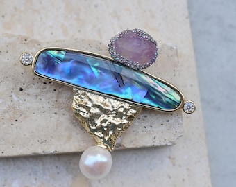 Handmade Abalone Shell and Pearl Brooch, Gold Abstract Scarecrow Pin, Modern Art Jewelry Gift