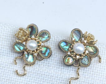 Abalone Shell Flower Stud Earrings with Freshwater Pearl, 14K Gold Plated Statement Earrings