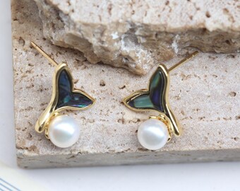 Handmade Gold Leaf Stud Earrings with Pearl and Abalone Shell, Botanical Pearl Studs, Birthday Gift, Everyday Jewelry