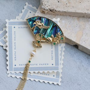 Handmade Gold Fan Brooch: Abalone Shell & Pearl Jewelry