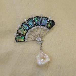 Silver Fan-Inspired Brooch with Abalone Shell & Large Baroque Pearl, Handmade Jewelry for Her