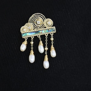 Cloud & Rain Designed Abalone Shell Brooch with Freshwater Pearl, Handmade Gold Jewelry for Women