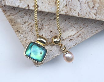 Abalone Shell Pendant Necklace with Purple Pearl, Square Ocean Necklace, 14K Gold Plated Gift