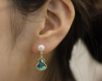 Abalone Shell and Pearl Earrings, 14K Gold Plated, Handmade Calabash Jewelry for Women