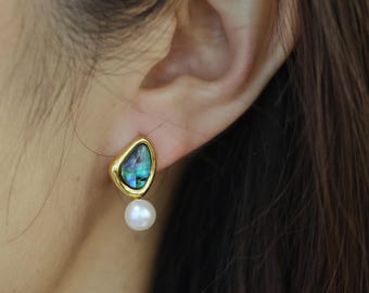Abalone Shell or  Sea Shell Stud Earrings, 14K Gold Plated, Minimalist Pearl Jewelry