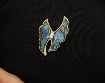 Abalone Shell Butterfly Brooch with Freshwater Pearl, Iridescent Nature Pin, Mother of the Bride Gift