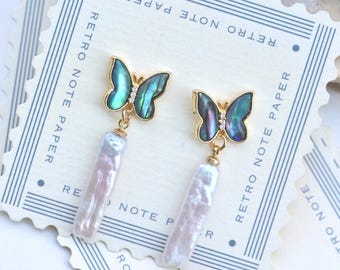 Handmade Abalone Shell Butterfly Earrings, Long Column Baroque Pearl Drop, Gold Artistic Jewelry Gift