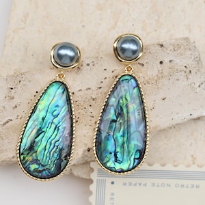 Abalone Shell Drop Earrings: 14K Gold-Plated Teardrop, Silver Pearl