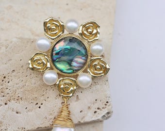 Abalone Shell Pearl Brooch, Floral Statement Pin in 14K Gold Plate, Vintage Ocean Jewelry Gift