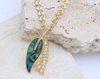 Gold Abalone Shell Pendant Necklace, Leaf Shape Pendant, Handmade Botanical Jewelry Gift