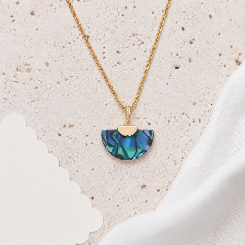 Shell Real Charms Natural Abalone Shell Fan Necklace, 14K Gold Plated Pendant, Ocean ...
