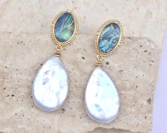 Abalone Pearl Drop Earrings, Natural Paua Shell Dangle Earrings, 14K Gold Plated Ocean Jewelry Gift