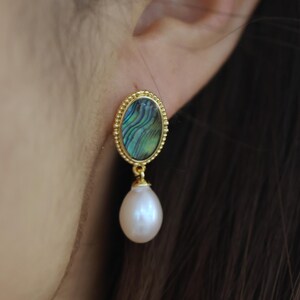 Handmade Gold Abalone & Pearl Dangle Earrings: Bridal Jewelry