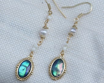 Handmade Long Twisting Gold Hoop Earrings, Oval Abalone Shell Drop, Wire Wrapped Pearl Jewelry