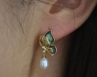 Boho Wedding Earrings, Butterfly with Iridescent Abalone Shell & Pearl, Bridal Party Jewelry Gift
