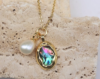 Natural Abalone & Freshwater Pearl Necklace, Gold Tone Oval Pendant, Minimalist Ocean Inspired Jewelry