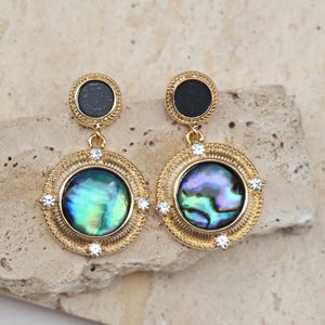 Abalone Shell Drop Earrings: 14K Gold Edge, Ocean Inspired Jewelry