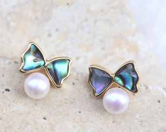 Iridescent Bow Earrings, Abalone Shell and Pearl Studs with 14K Gold Filled, Dainty Mother's Day Gift, Birthday Jewelry for Her