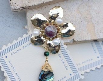 Gold Abalone Shell and Pearl Brooch, Artistic Flower Inspired Pin, Dainty Handmade Floral Jewelry