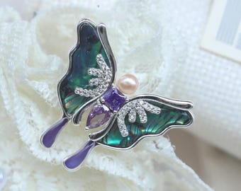 Abalone Butterfly Statement Ring with Pearl and Crystal, Iridescent Ocean Ring, Gift for Her