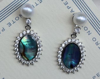 Gold Abalone Shell and Pearl Earrings, Oval Drop with Crystal Design, Handmade Ocean Jewelry