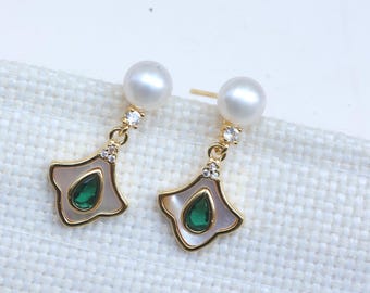Green Cubic Zirconia Pearl Drop Earrings, Mother of Pearl Gold Plated Earrings, Elegant Wedding Jewelry Gift for Her
