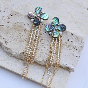 Abalone Pearl Tassel Earrings: 14K Gold Clover Dangle Earrings