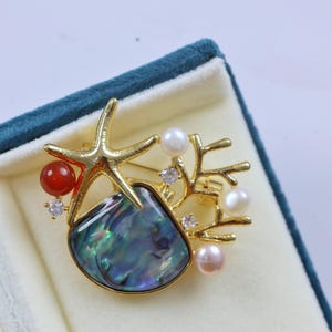 Abalone Shell Brooch: 14K Gold Starfish Coral Pearl Jewelry