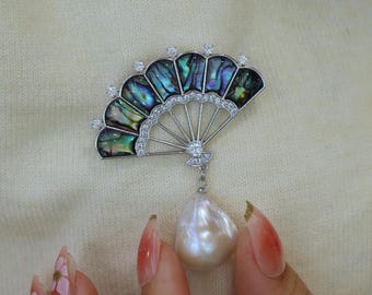 Silver Fan Shape Brooch, Abalone Shell Pin, Large Baroque Pearl Drop, Handmade Bridal Jewelry