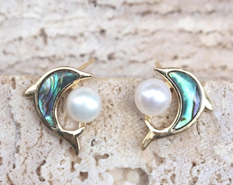 Dolphin Stud Earrings, 14K Gold Filled with Iridescent Abalone & Pearl, Ocean Animal Jewelry, Dainty Everyday Luxury, Unique Gift for Mom