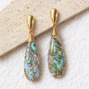 May include: A pair of drop earrings featuring teardrop-shaped abalone shell pendants with iridescent green, blue, and purple tones. Each earring has a gold-toned metal top with a smooth teardrop stud and a ribbed cylindrical connector piece.