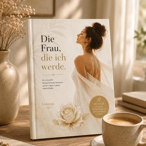 Puede incluir: Un diario de tapa dura titulado "Die Frau, die ich werde" (La mujer en la que me convertiré) con la imagen de una mujer, una ilustración de rosa y texto. Una taza de café está sobre un platillo junto al diario.