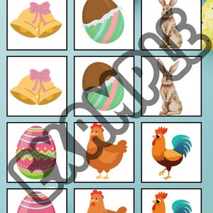 Puede incluir: Un juego de memoria de 12 cartas con temática de Pascua. Las cartas presentan imágenes de un gallo, una gallina, un conejo, un huevo de Pascua de chocolate, un huevo de Pascua decorado y un par de campanas con un lazo rosa.