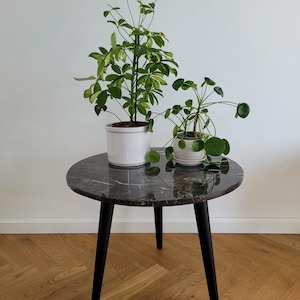 Puede incluir: Una mesa auxiliar redonda con una tapa de mármol oscuro y tres patas negras. Dos plantas verdes en macetas blancas están sobre la mesa. La mesa está sobre un suelo de madera contra una pared blanca.