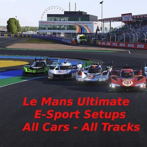 May include: A group of seven colorful endurance race cars driving on a track with red Motul signage in the background. The text Le Mans Ultimate E-Sport Setups All Cars - All Tracks is displayed in red on the asphalt surface of the race circuit.
