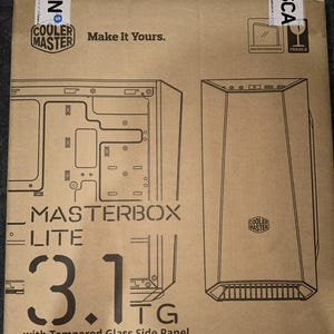 May include: A brown cardboard box with a Cooler Master Masterbox Lite 3.1 TG computer case. The box has a black and white image of the case on the front. The text "Make It Yours." is printed on the box.