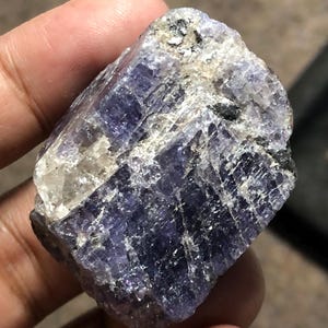 May include: A raw, uncut gemstone with a deep indigo and lavender color. The mineral has a rough, textured surface with areas of white and black inclusions. The stone is held in a hand, showcasing its natural, unpolished state.
