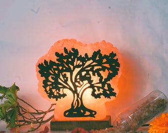 Hand-Carved Tree of Life Himalayan Salt Lamp | Wooden Base