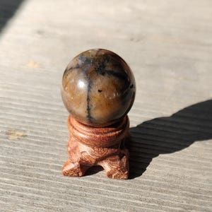 Tiny Staurolite Sphere with Carved Wooden Stand, Fairy Cross, Good Luck, Cross Shaped Marking, Chiastolite