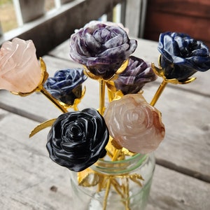 Gemstone Carved Roses with Gold Stem