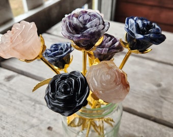 Gemstone Carved Roses with Gold Stem