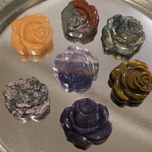 Carved Crystal Roses, Tiger Eye ,Labradorite, Fluorite, Rhodonite ,Rose Quartz, Sunstone, Lepidolite