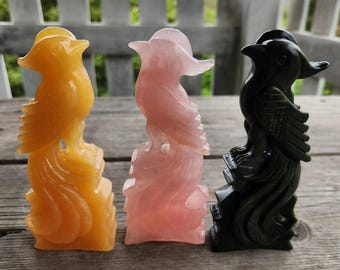 Carved Crystal Phoenix Birds, 5.5" Phoenix, Calcite Phoenix, Jadeite Phoenix, Rose Quartz, Labradorite, Clear Quartz Phoenix