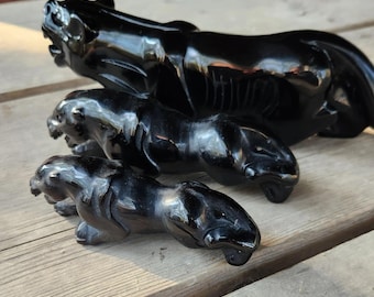 Carved Black Obsidian Panther Statue, Big Cat Gift, Crystal Crouched Panther, Obsidian Sculpture