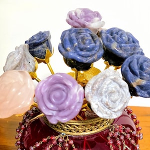 Crystal Rose Blooms Full, Gold Long Stem | Large Carved Gemstone Flowers, Centerpiece, Everlasting Roses