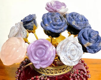 Crystal Rose Blooms Full, Gold Long Stem | Large Carved Gemstone Flowers, Centerpiece, Everlasting Roses