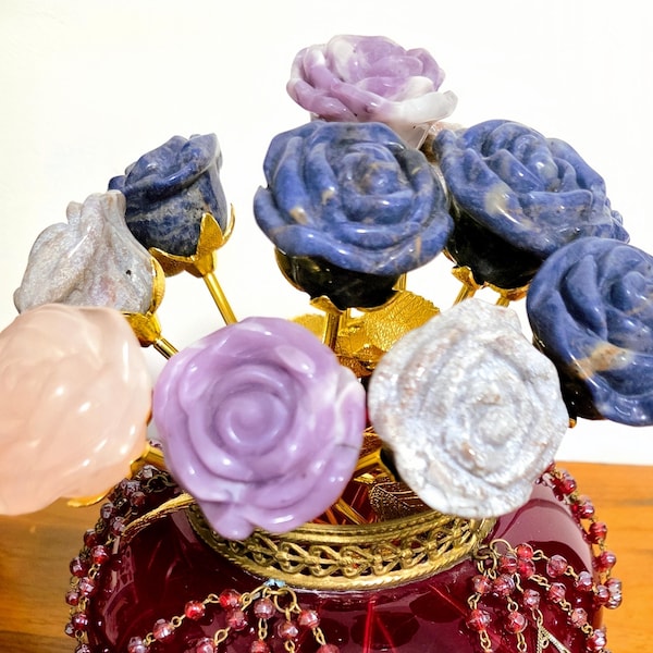 Crystal Rose Blooms Full, Gold Long Stem | Large Carved Gemstone Flowers, Centerpiece, Everlasting Roses