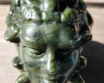 Green Jadeite Medusa Head, Obsidian Medusa Sculpture, Mythology Decor, Carved Crystal, Small Stone Head,